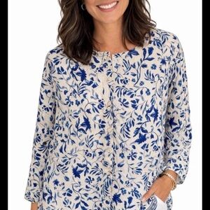 Joie 100% linen blouse 1X blue & white floral
